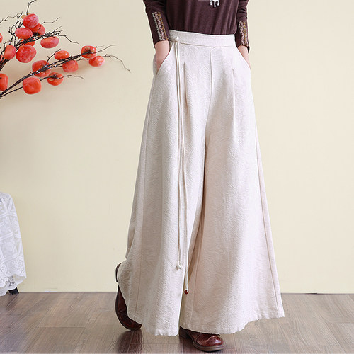 松紧腰复古长裤提花阔腿