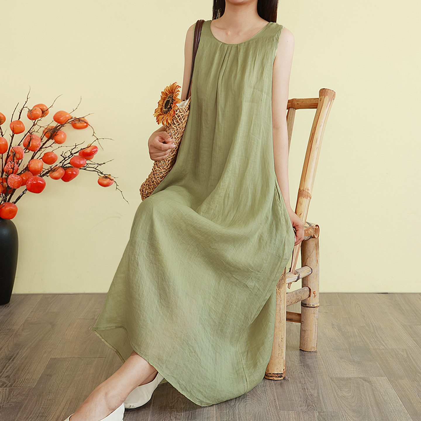 文艺范苎麻背心裙女夏季无袖长款连衣裙长裙子宽松打底裙纯色百搭