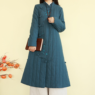 复古民族风立领刺绣棉衣女冬中长款 盘扣加厚棉服宽松外套茶服上衣