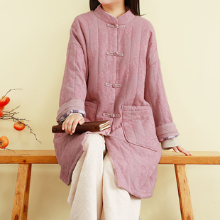 复古新中式夹棉加厚棉衣外套女冬季中长款国风棉服宽松棉袄子茶服