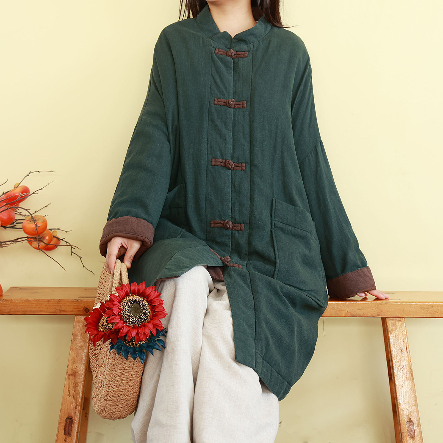 复古中国风盘扣棉服女中长款纯色