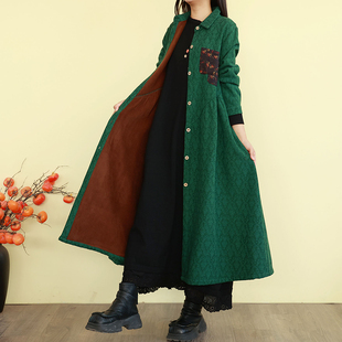 复古文艺加绒棉衣外套女冬季 加厚保暖纯色棉服翻领宽松棉袄子 长款