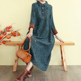 复古文艺连衣裙女秋冬季加绒长袖宽松显瘦长裙子气质过膝衬衫打底