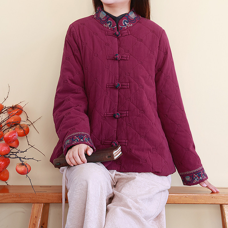 新中式国风盘扣刺绣亚麻棉衣外套女冬季加厚宽松立领夹棉袄子棉服