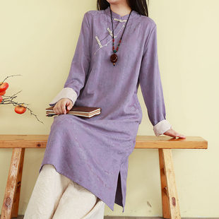 盘扣上衣新中式 复古文艺提花棉麻衬衫 禅意茶服宽松中长款 秋季 女装