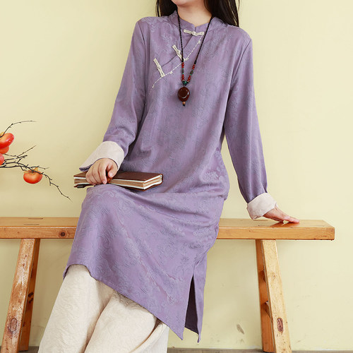 复古文艺提花棉麻衬衫禅意茶服