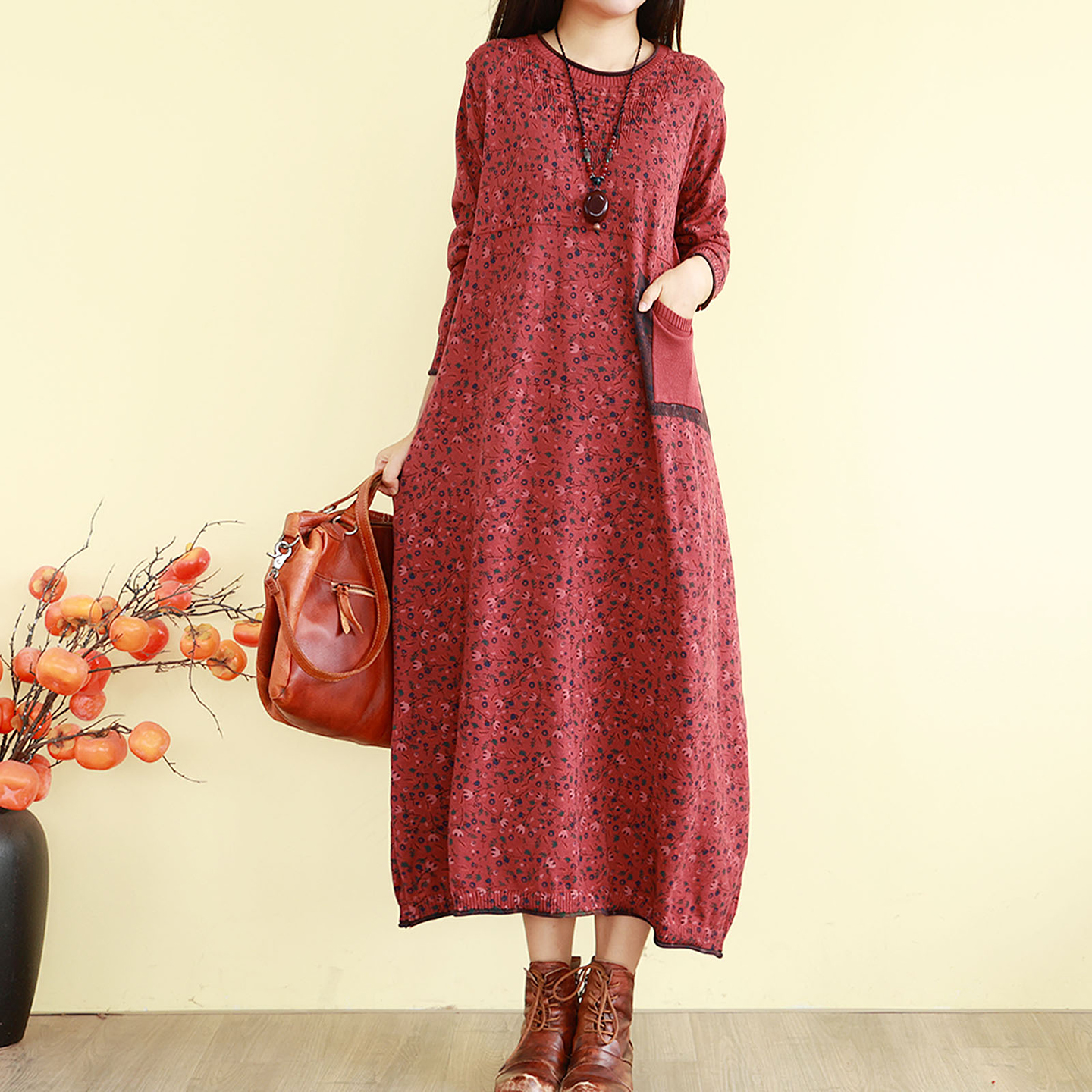 复古文艺针织毛衣连衣裙