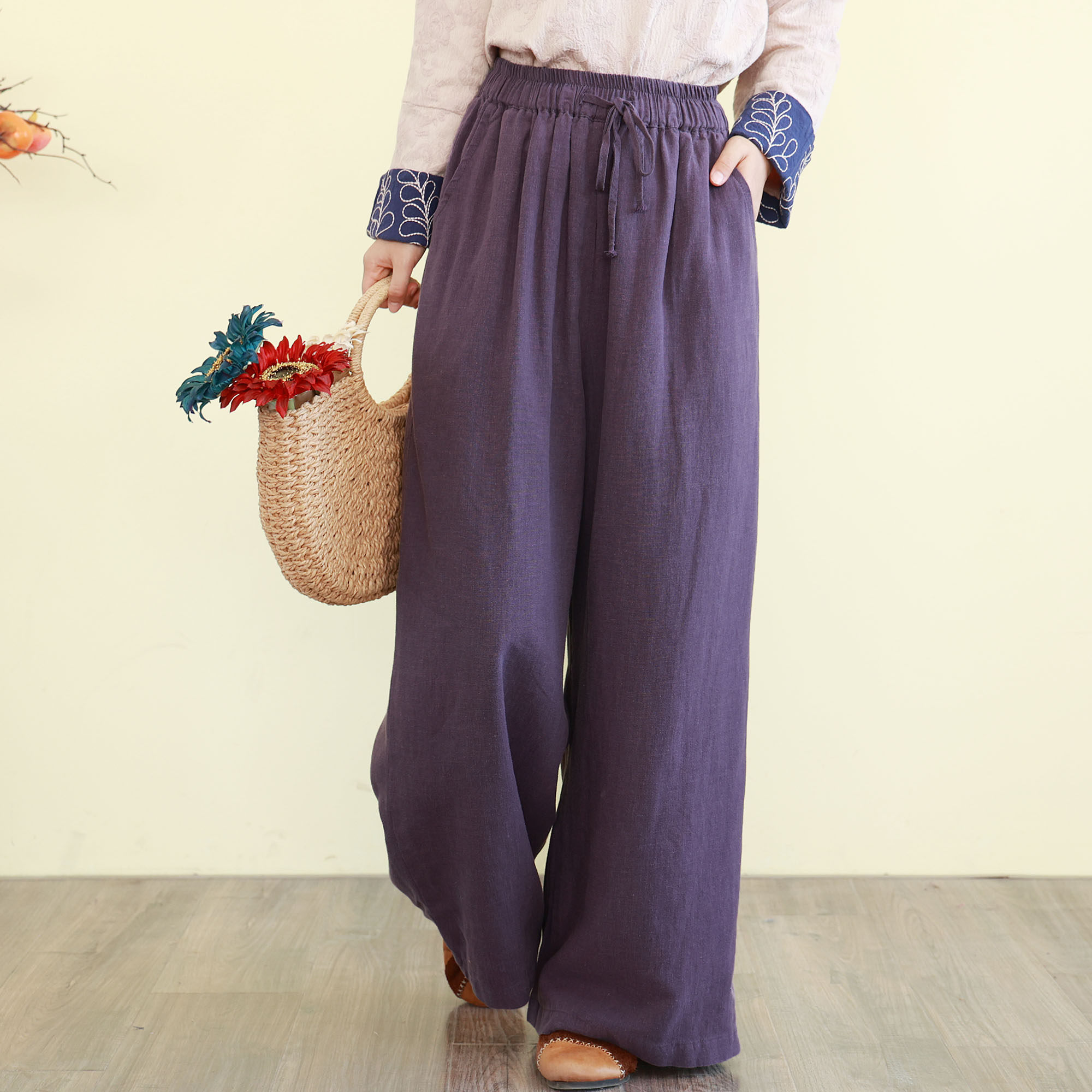 复古文艺亚麻阔腿裤女春夏季长款高腰宽松休闲裤慵懒风双层长裤子