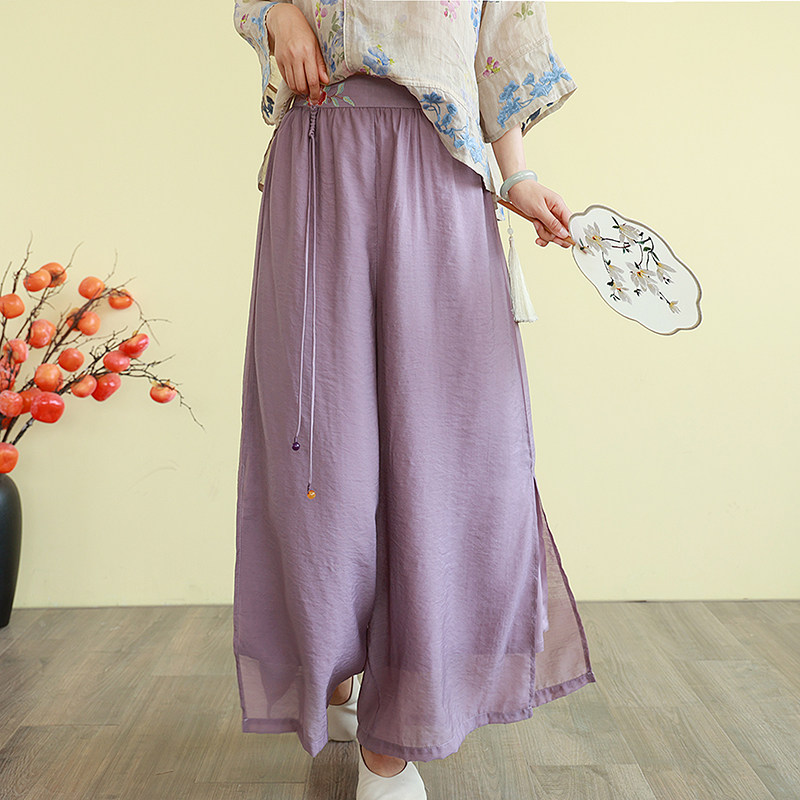 文艺复古纯色天丝麻阔腿裤女夏季刺绣新款宽松休闲双层九分长裤子,女装/女士精品,休闲裤,淘宝优惠券,粉丝福利购,淘宝优惠卷