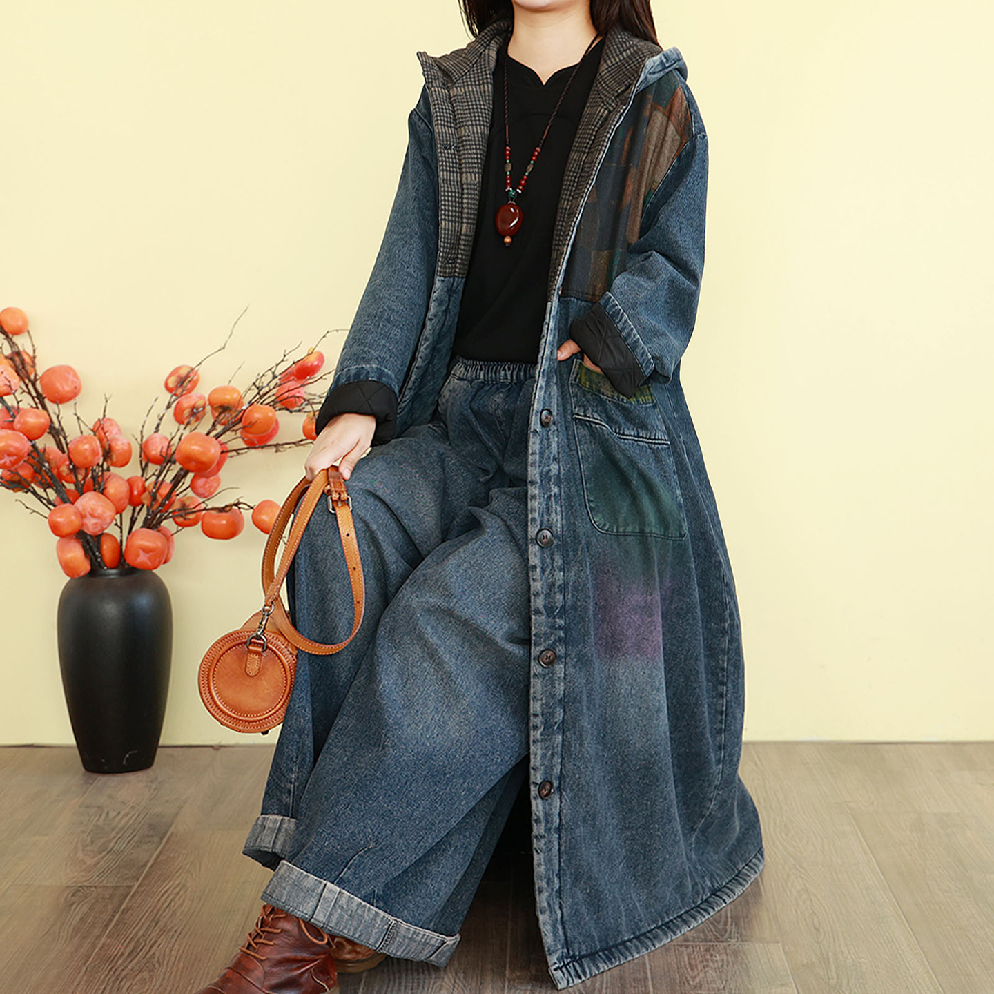 复古文艺格子拼接牛仔棉衣外套女冬季长款加厚夹棉服宽松连帽袄子