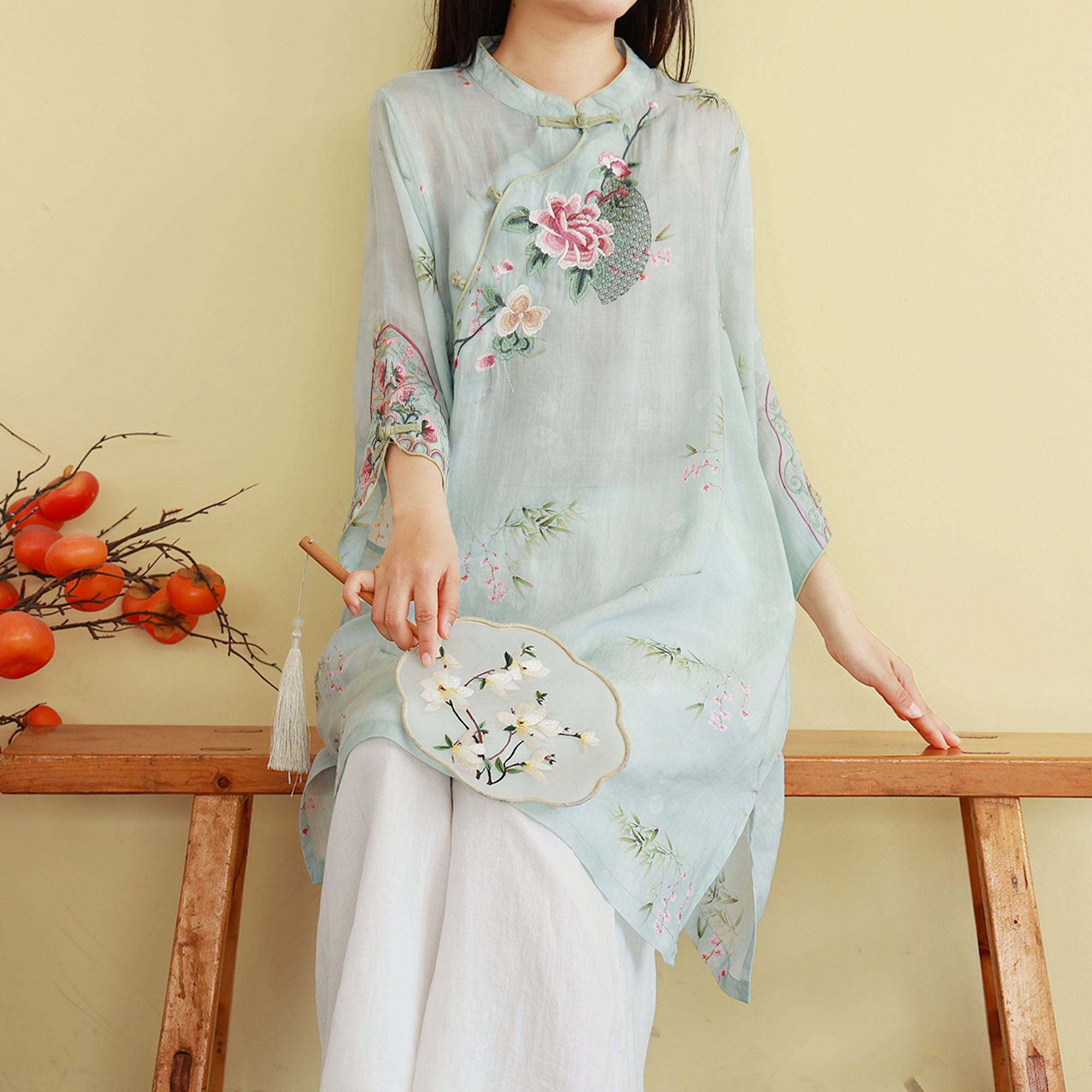 夏季新中式苎麻刺绣立领女衬衫