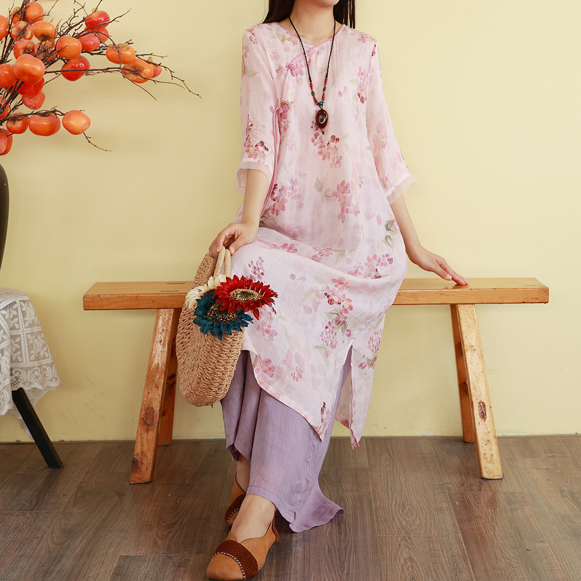 复古新中式苎麻印花连衣裙夏季长款五分袖宽松麻料改良旗袍长裙子