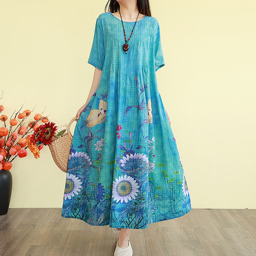 复古文艺棉麻连衣裙女炒色印花宽松长裙子夏季短袖长款大摆打底裙