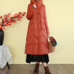 复古国风刺绣花90白鸭绒羽绒服女冬季加厚保暖外套盘扣连帽中长款