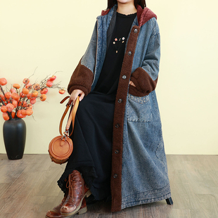 复古文艺连帽棉衣牛仔外套女冬季 厚夹棉保暖棉服宽松拼绒棉袄 长款