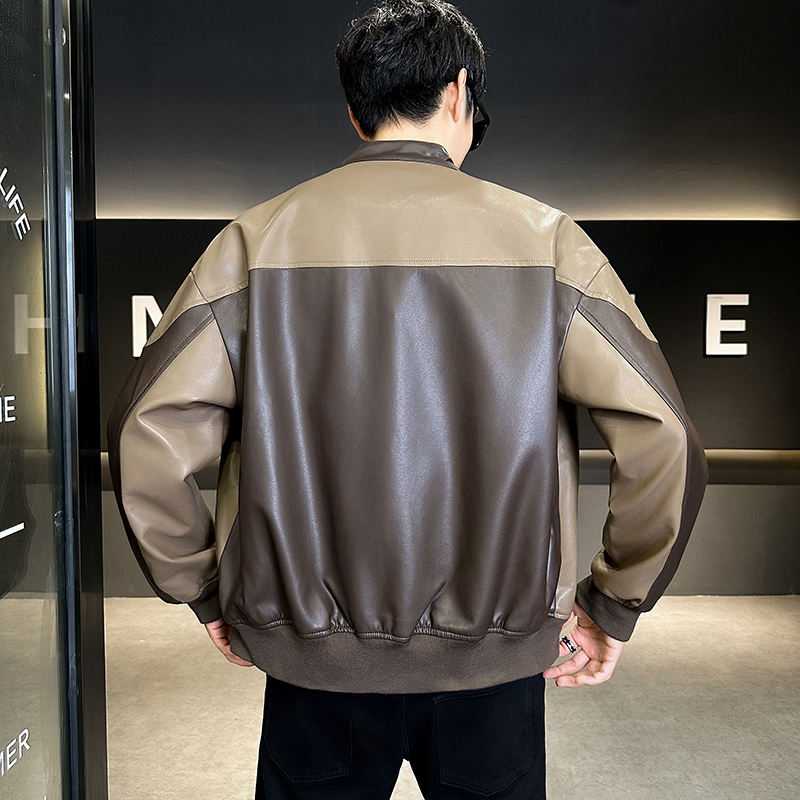 加厚撞色拼接宽松PU皮衣立领二棉夹克外套男3303-P135，男装皮衣，电商D236-1（原A051-1）