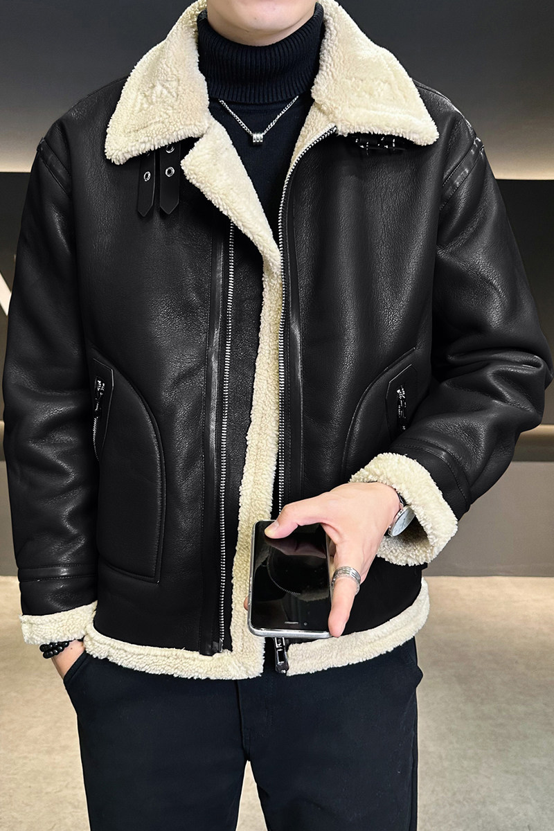 皮毛一体外套男冬季加绒加厚棉衣男士机车皮夹克棉服9233-P210,男装夹克,电商D236-1（原A051-1）