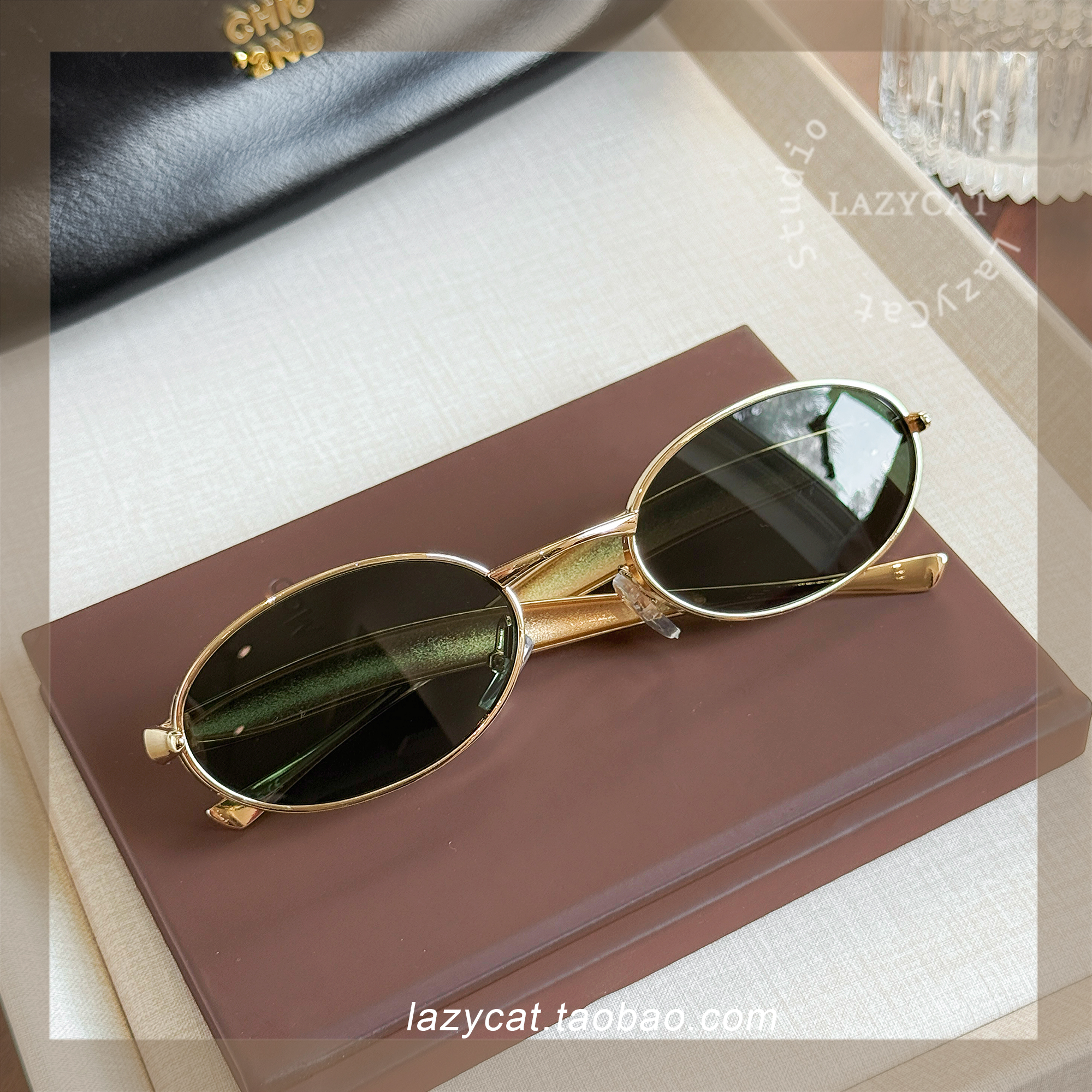复古椭圆框太阳眼镜女粗腿金属框