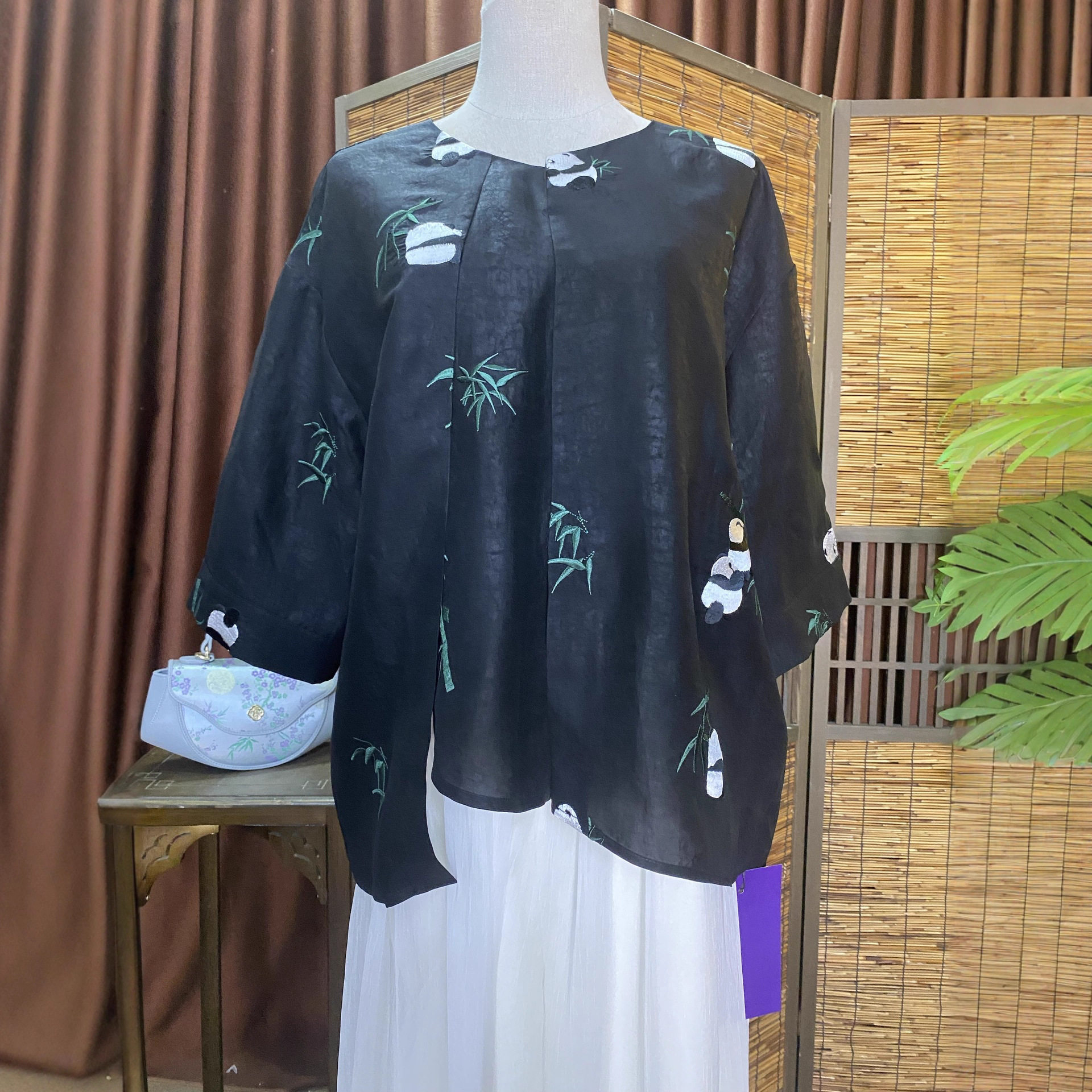 竹韵香云纱熊猫上衣女士夏季新品黑色不规则衫衣新中式改良七分袖
