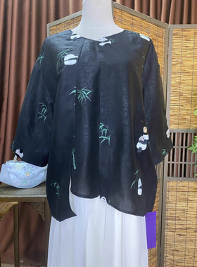 竹韵香云纱熊猫上衣女士夏季新品黑色不规则衫衣新中式改良七分袖