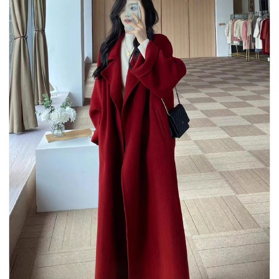 西西里红色新年战袍圣诞双面羊绒羊毛大衣女系带长款气质呢子外套