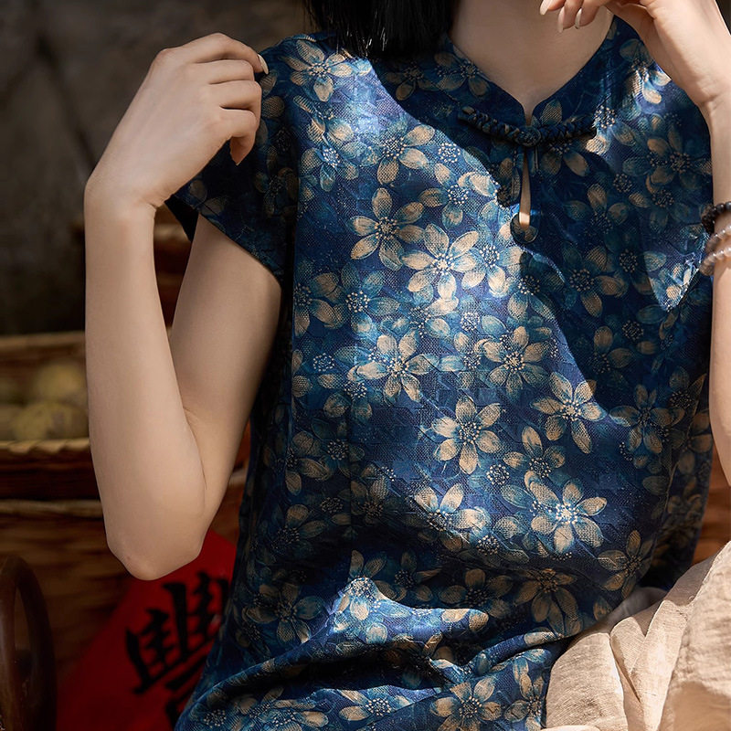 非遗真丝花萝香云纱 桑蚕丝提花国风新中式小衫 上衣T恤夏季女装