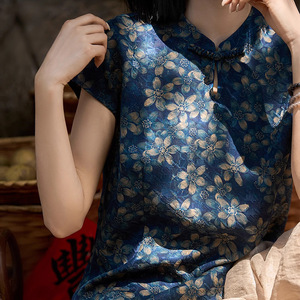 非遗真丝花萝香云纱 桑蚕丝提花国风新中式小衫 上衣T恤夏季女装