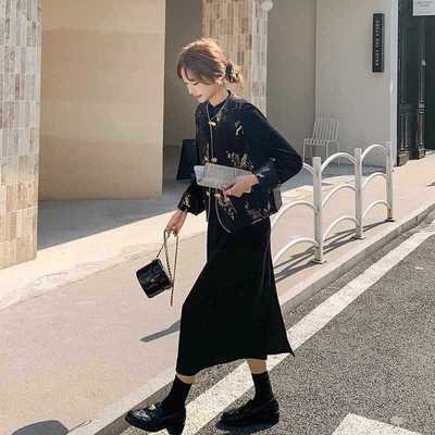 新中式气质连衣裙套装女2025秋新款国风马甲旗袍领丝绒长裙