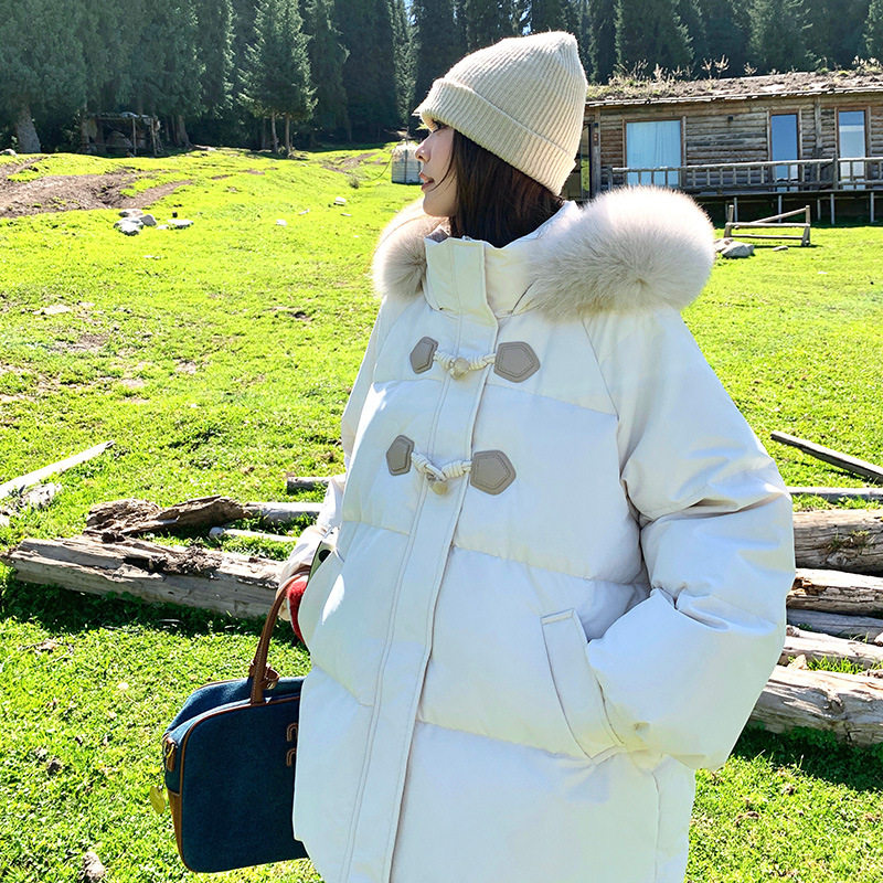 实拍白色慵懒风大毛领连帽羽绒服2025冬时尚90白鸭绒中长款外套