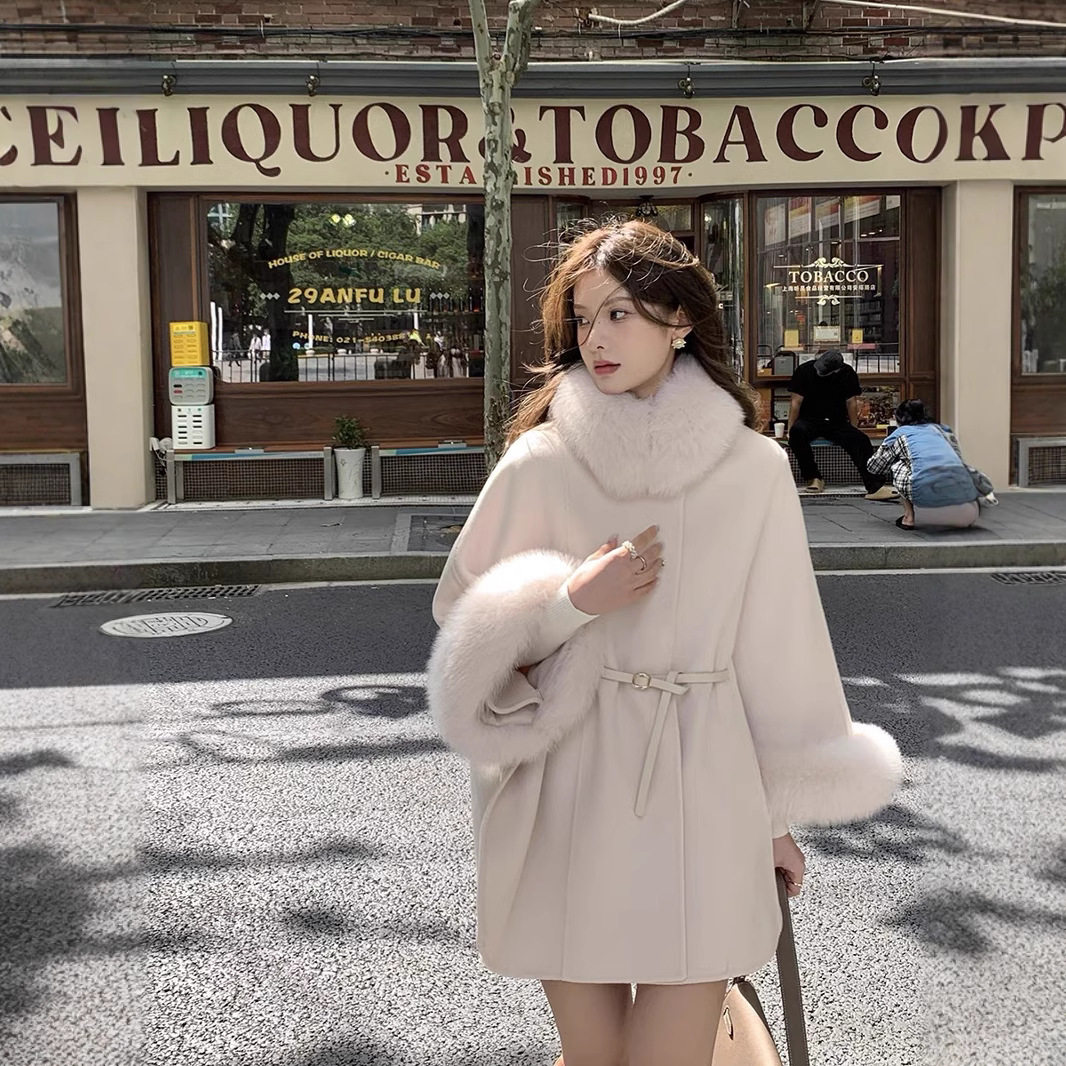 双面羊毛大衣女2025秋冬新款中长款高级感斗篷狐狸毛领羊毛呢外套