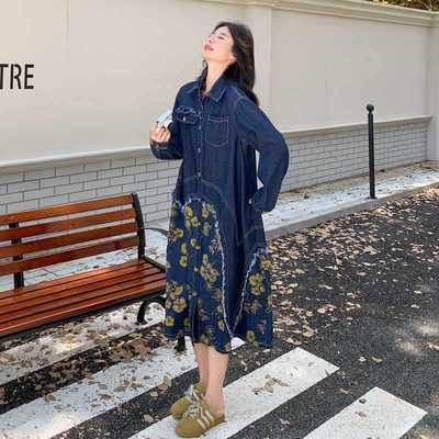 小众独特复古不规则拼接印花连衣裙女秋季2025新款宽松牛仔衬衫