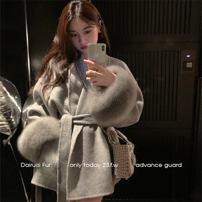 “夜与都柏林”新款双面羊绒大衣女狐狸毛皮草高级感斗篷毛呢外套