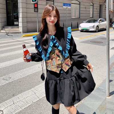 黑色设计感印花娃娃领法式在逃公主裙小个子超好看甜美连衣裙