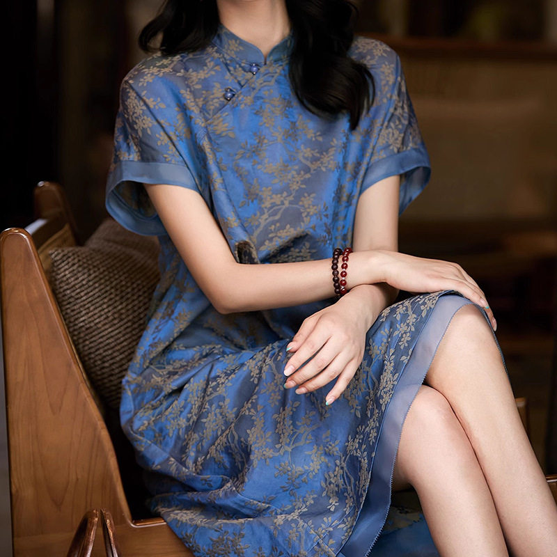 提花缎双面色新中式旗袍真丝棉连衣裙桑蚕丝裙子杭州女装新款夏季