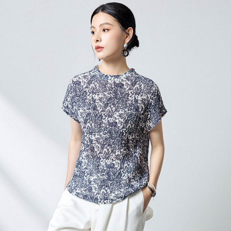 杭州重磅真丝桑蚕丝女上衣短袖新中式青花瓷碎花2026新款女式T 恤