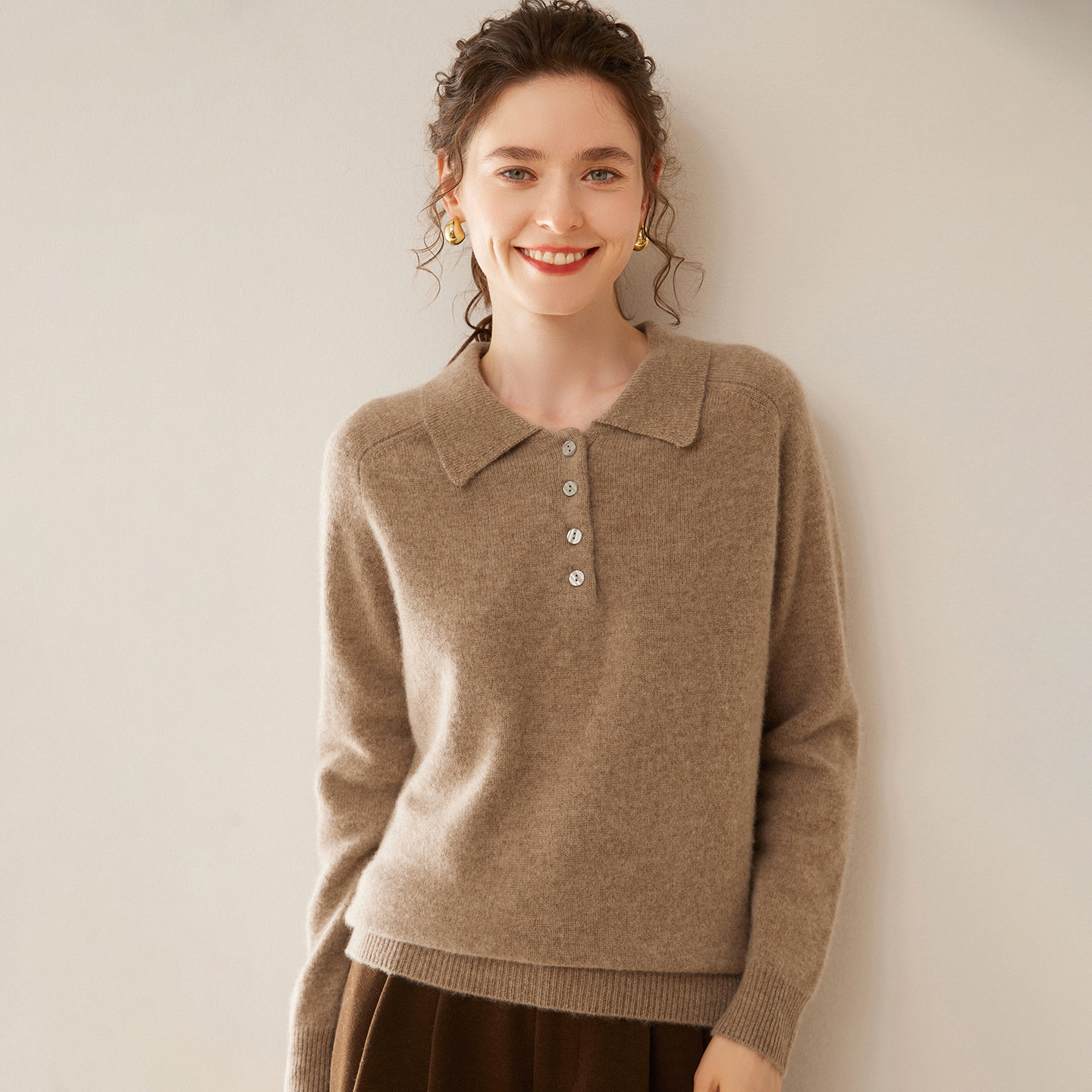 双股线加厚2025秋冬新款山羊绒衫女POLO领系扣毛衣百搭羊毛衫上衣