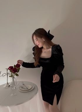 SFANG 丝绒法式优雅方领公主袖收腰性感包臀小礼服生日连衣裙微胖