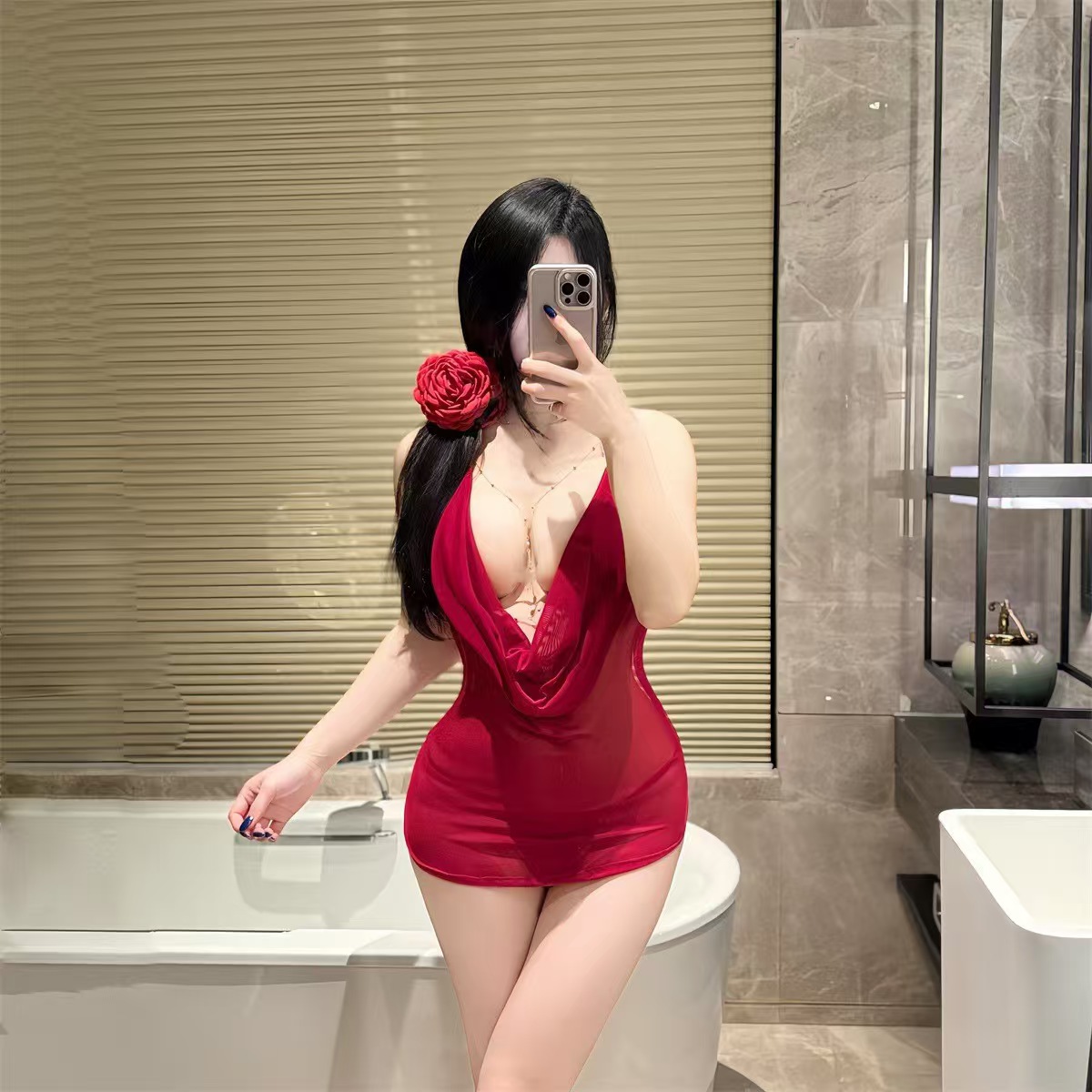 雾漫玫瑰性感荡领挂脖透视睡裙