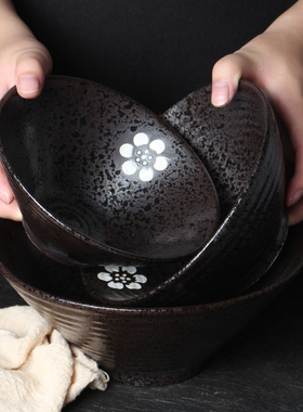 日式黑色拉面碗陶瓷粗陶斗笠碗酒店商用汤面碗家用面馆大号吃面碗