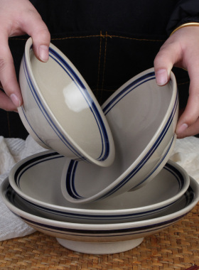 仿古酒碗中式土碗复古大号双线粗陶蒸碗古代道具碗商用火锅蘸料碗