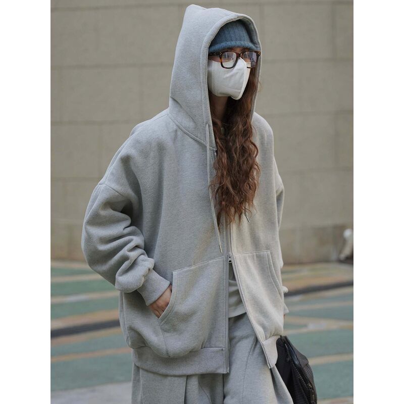 冬季新款韩版简约对称口袋抓绒连帽卫衣宽松休闲佰搭上衣女