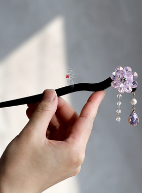 簪之韵【梦幻冰花】紫色幻彩晶手工编花时尚靓丽高级檀木发簪中式