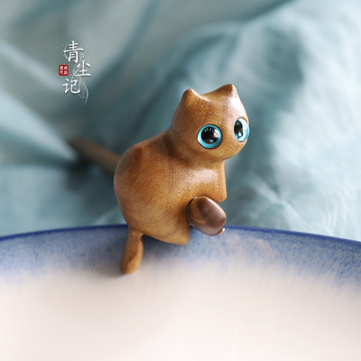 手工发簪绿檀木小猫咪上树