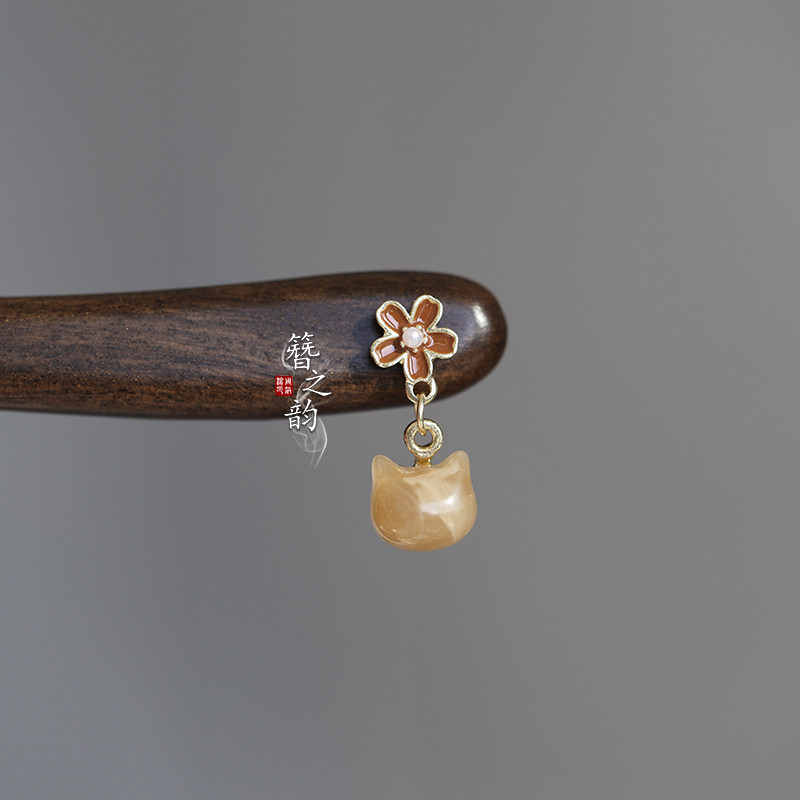 簪之韵【小咖】琥珀小猫咪吊坠大叶紫檀木发簪可爱发饰盘发短簪