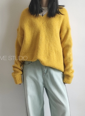 X.TIVE 秋冬系列V领中长款羊毛混纺针织毛衣宽松休闲百搭黄色保暖