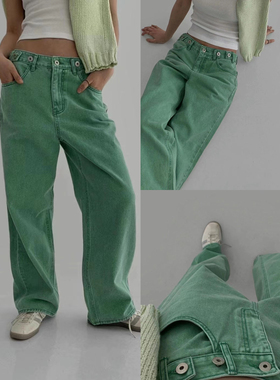 XTIVE韩国进口复古高腰阔腿牛仔裤女2025新款韩版ins慵懒绿色长裤