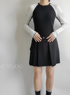 X.TIVE 小众设计感高级新品高弹修身插肩袖拼色长袖圆领T恤