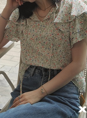 X.TIVE | 韩版复古田园碎花短袖上衣花瓣蛋糕袖可爱系带甜美百搭