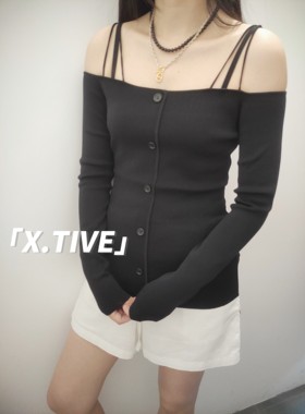 X.TIVE 秋冬系列韩版修身一字肩吊带针织衫打底长袖显瘦上衣女