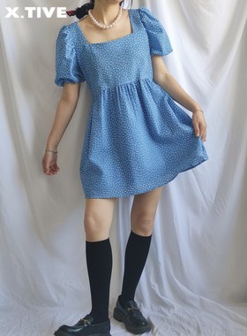 X.TIVE | Korea韩国进口女装复古泡泡袖小波点连衣裙露背系带调节
